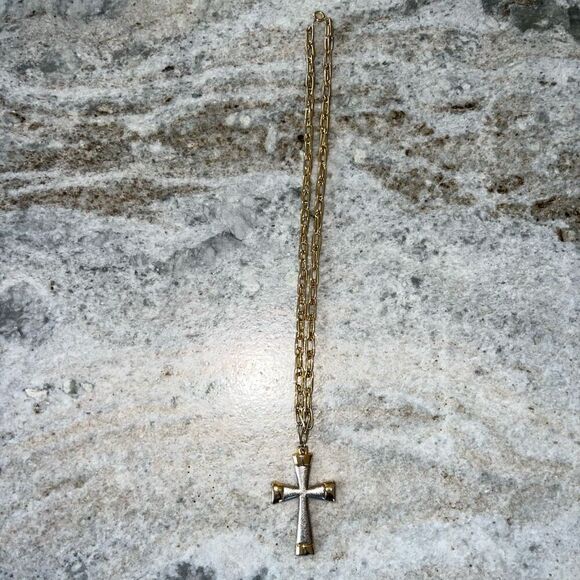 Vintage Cross Pendant, Long Chunky Link Chain 13”-15.5” Gold & Silver Necklace - Picture 3 of 8